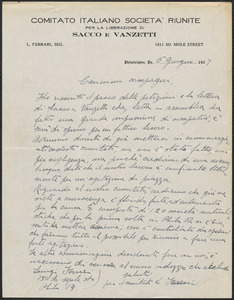 Luigi Ferrari (Comitato Italiano Societa Riunite per la Liberazione di Sacco e Vanzetti) autograph letter signed, in Italian, to Sacco-Vanzetti Defense Committee, Philadelphia, Pa., June 6, 1927
