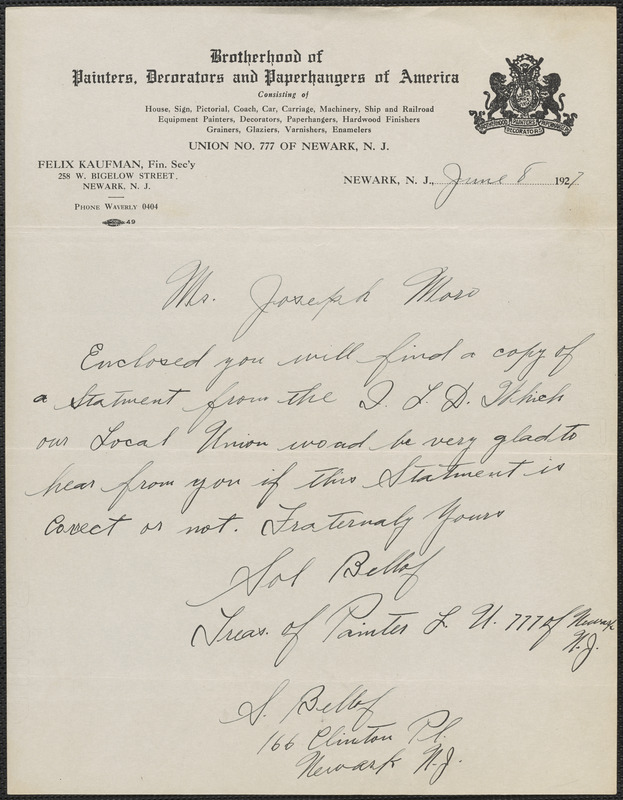 Sol Bellof (Brotherhood of Painters, Decorators and Paperhangers of America) autograph note signed to Joseph Moro, Newark, N.J., June 8, 1927