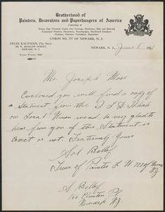 Sol Bellof (Brotherhood of Painters, Decorators and Paperhangers of America) autograph note signed to Joseph Moro, Newark, N.J., June 8, 1927