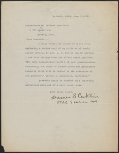 Darius B. Conklin typed letter signed to Sacco-Vanzetti Defense Committee, Detroit, Mich., June 8, 1927