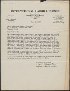 Cyril Lambkin (International Labor Defense) typed letter signed to Sacco-Vanzetti Defense Committee, Detroit, Mich., June 8, 1927