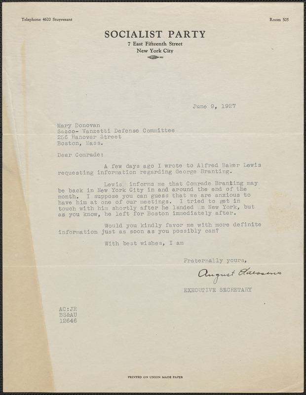 August Claessens (Socialist Party) typed letter signed to Mary Donovan, New York, N.Y., June 9, 1927