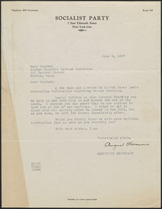 August Claessens (Socialist Party) typed letter signed to Mary Donovan, New York, N.Y., June 9, 1927