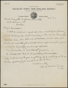 Alfred Baker Lewis (Socialist Party, New England District) autograph note signed to Sacco-Vanzetti Defense Committee, Boston, Mass., June 9, 1927