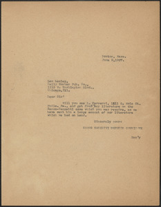 Sacco-Vanzetti Defense Committee typed note (copy) to Leo Lemley, Boston, Mass., June 9, 1927