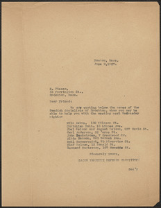 Sacco-Vanzetti Defense Committee typed note (copy) to S. Piesco, Boston, Mass., June 9, 1927