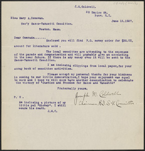 Joseph Coldwell (Sacco-Vanzetti Defense Committee, Rhode Island) typed letter signed to Mary Donovan, Providence, Rhode Island, Jaune 13, 1927