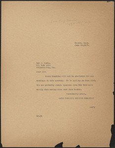 Mary Donovan (Sacco-Vanzetti Defense Committee) typed note (copy) to Leo P. Lemley, Boston, Mass., June 14, 1927