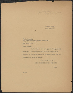 Mary Donovan (Sacco-Vanzetti Defense Committee) typed note (copy) to Celia Polisuk (Student Sacco-Vanzetti Committe), Boston, Mass., June 14, 1927