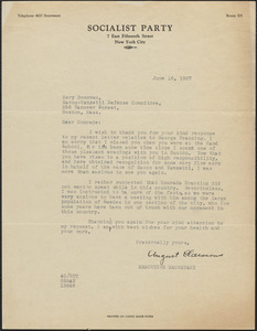 August Clasessens (Socialist Party) typed letter signed to Mary Donovan, New York, N.Y., June 16, 1927