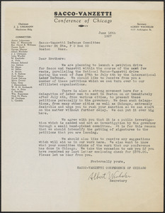 Albert Wechsler (Sacco-Vanzetti Conference of Chicago) typed letter signed to Sacco-Vanzetti Defense Committee, Chicago, Ill., June 16, 1927