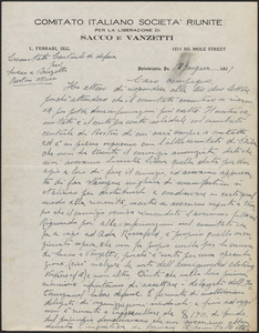 Luigi Ferrari (Comitato Italiano Societa' Riunite per la Liberazione di Sacco e Vanzetti) autograph letter signed, in Italian, to Sacco-Vanzetti Defense Committee, Philadelphia, Pa., June 18, 1927