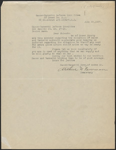 Arthur Newman (Sacco-Vanzetti Defense Committee of Essex County) typed letter signed to Sacco-Vanzetti Defense Committee, Newark, N.J., June 20, 1927