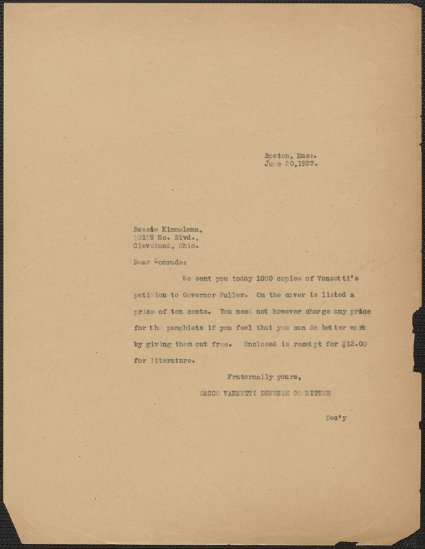 Sacco-Vanzetti Defense Committee typed note to Bessie Kimmelman (Sacco-Vanzetti Defense Committee, Cleveland), Boston, Mass., June 20, 1927