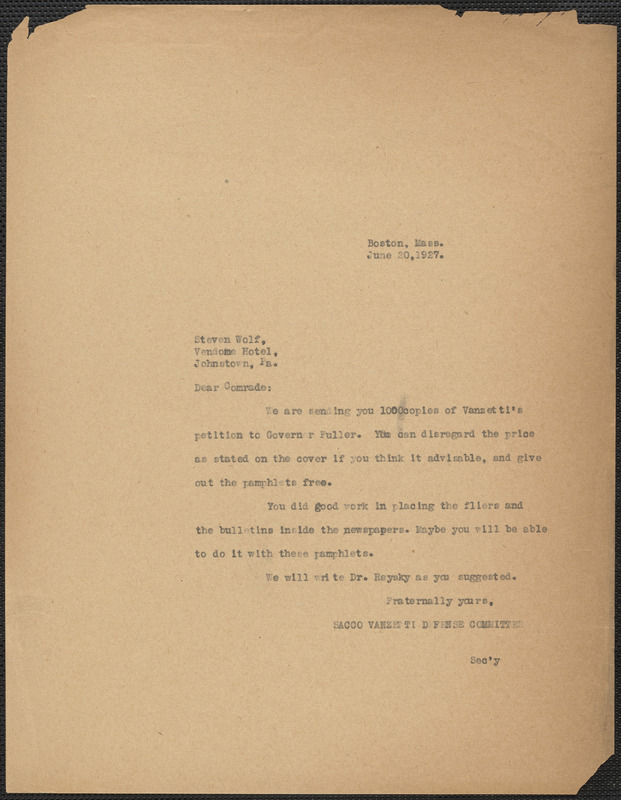 SaccoVanzetti Defense Committee typed letter (copy) to Steven Wolf, Boston, Mass., June 21