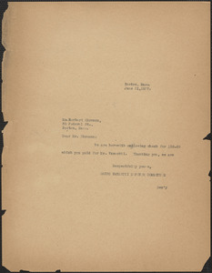 Sacco-Vanzetti Defense Committee typed note (copy) to Herbert Ehermann, Boston, Mass., June 21, 1927