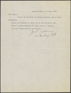 Joseph R. Salerno typed note signed, in Italian, to Joseph Moro, Lawrence, Mass., June 21, 1927