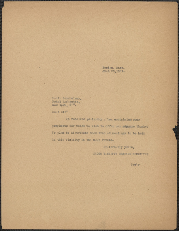 Sacco-Vanzetti Defense Committee typed note (copy) to Louis G. Bernheimer, Boston, Mass., June 23, 1927