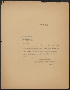 Sacco-Vanzetti Defense Committee typed note (copy) to Wolcott Cutler, Boston, Mass., June 23, 1927