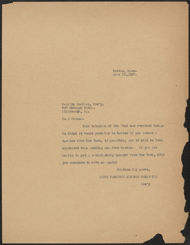 Sacco-Vanzetti Defense Committee typed note to Carolyn Scollen (Sacco Vanzetti Defense Commitee of Western Pennsylvania), Boston, Mass., June 23, 1927