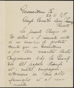 Giulio autograph note signed, in Italian, to Sacco-Vanzetti Defense Committee, Germantown, Pa., June 23, 1927