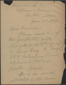 Alice Stone Blackwell autograph letter signed to Sacco-Vanzetti Defense Committee, Boston, Mass., June 25, 1927