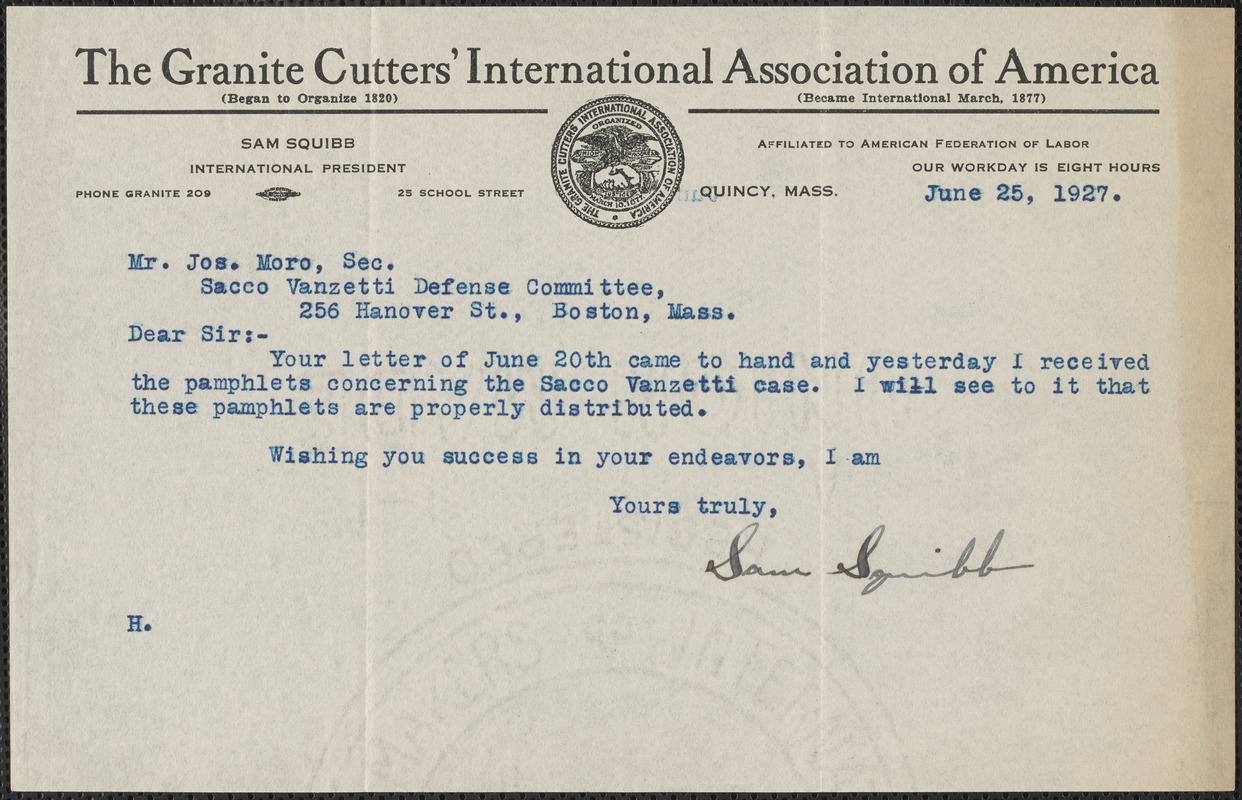 Sam Squibb (The Granite Cutters' International Association of America) typed note signed to Joseph Moro, Quincy, Mass., June 25, 1927