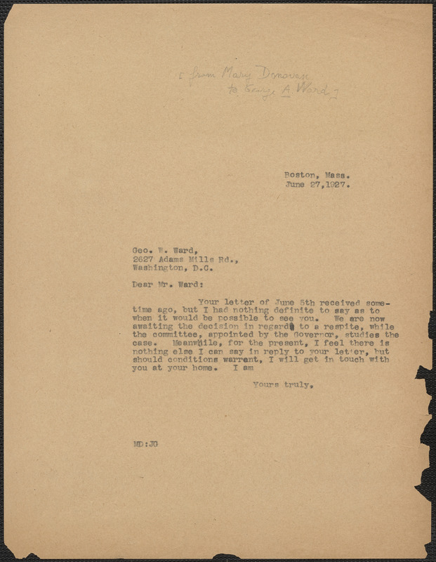 Mary Donovan typed note (copy) to George A. Ward, Boston, Mass., June ...