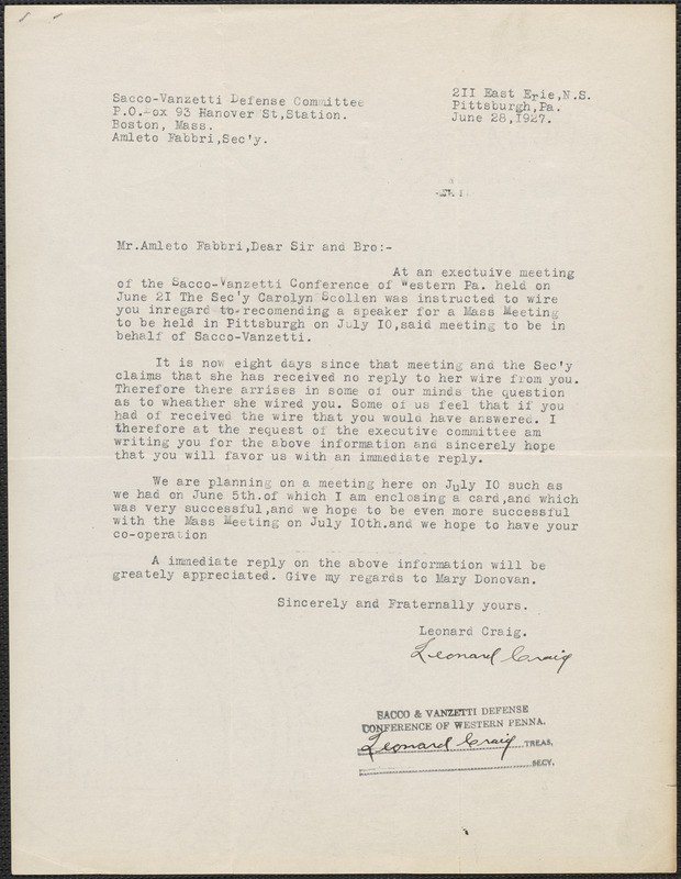 Leonard Craig (SaccoVanzetti Defense Conference of Western