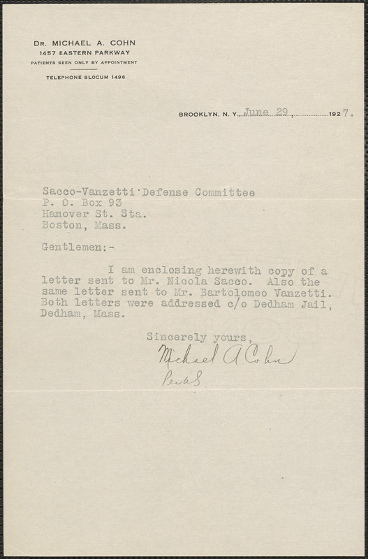 Michael A. Cohn typed note signed to Sacco-Vanzetti Defense Committee, Brooklyn, N.Y., June 29, 1927