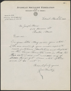 Joseph Mentony (Jugoslav Socialist Federation of the Socialist Party of America) autograph note signed to Joseph Moro, Detroit, Mich., June 29, 1927