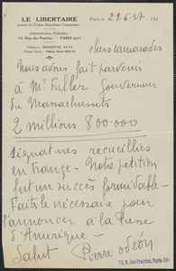 Pierre Odeon (Le Libertaire) autograph note signed, in French, to Sacco-Vanzeti Defnese Committee, Paris, France, June 29, 1927