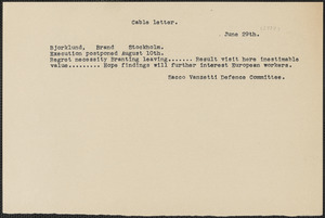 Sacco-Vanzetti Defense Committee telegram (copy) to C.J. Björklund, Boston, Mass., June 29, [1927]