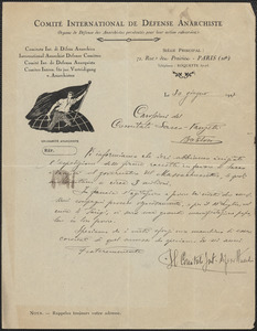 Comité International de Defense Anarchiste autograph letter signed, in Italian, to Sacco-Vanzetti Defense Committee, Paris, France, June 30, 1927