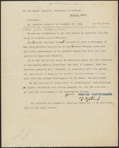 C. J. Björklund (Svenska Sacco-Vanzetti Försvarskommitten) typed letter signed to Sacco-Vanzetti Defense Committee,[Stockholm, Sweden], [July 1927]