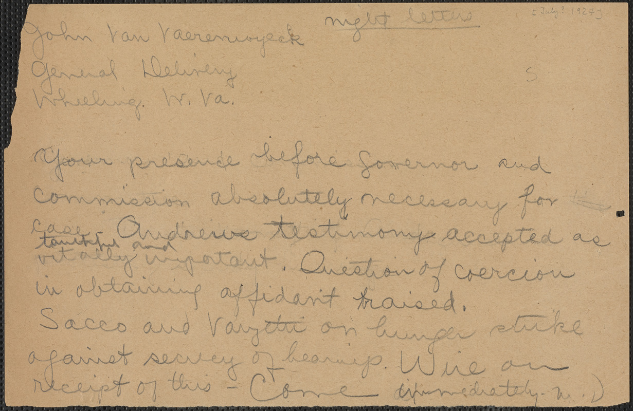 Mary A. Donovan telegram (draft) to John Van Vaerenewyck, Boston, Mass., [July? 1927]
