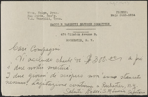 Sam M. Lucia (Sacco e Vanzetti Defense Committee, Rochester) autograph note signed, in Italian, to Sacco-Vanzetti Defense Committee, Rochester, N.Y., [July? 1927]