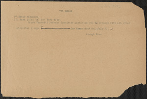 Joseph Moro telegram (draft) to Sadie L. Robinson (International Sacco-Vanzetti Defense), Boston, Mass., [July 1927]
