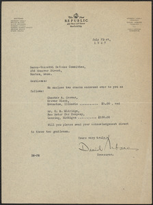 Daniel Mebane (The New Republic) typed note signed to Sacco-Vanzetti Defense Committee, New York, N.Y., July 1, 1927