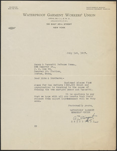 Abraham Weingart (Waterproof Garment Workers' Union) typed note signed to Sacco-Vanzetti Defense Committee, New York, N.Y., July 1, 1927