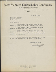 Anna Cornblath (Sacco-Vanzetti United Labor Conference of San Francisco) typed letter signed to Sacco-Vanzetti Defense Committee, San Francisco, Calif., July 5, 1927