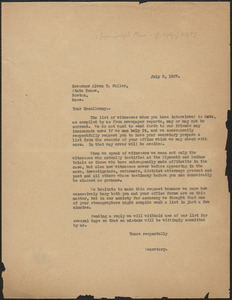 Joseph Moro (Sacco-Vanzetti Defense Committee) typed letter (copy) to Alvan T. Fuller, Boston, Mass., July 5, 1927