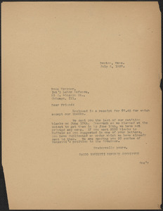 Sacco-Vanzetti Defense Committee typed note (copy) to Rose Karsner (International Labor Defense), Boston, Mass., July 5, 1927