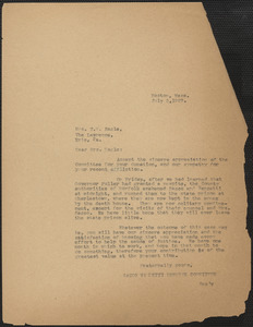 Sacco-Vanzetti Defense Committee typed letter (copy) to Mrs. T. M. Nagle, Boston, Mass., July 5, 1927