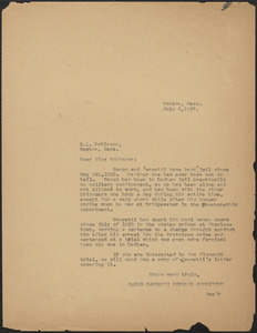 Sacco-Vanzetti Defense Committee typed letter (copy) to Edna L. Robinson, Boston, Mass., July 5, 1927