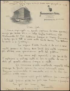 Giuseppe Tomaselli autograph letter signed, in Italian, to Joseph Moro, Providence, R.I., July 5, 1927