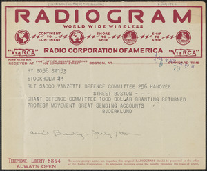 C. J. Björklund (Svenska Sacco-Vanzetti Försvarskommitten) telegram to Sacco-Vanzetti Defense Committee, Stockholm, Sweden, July 6, 1927