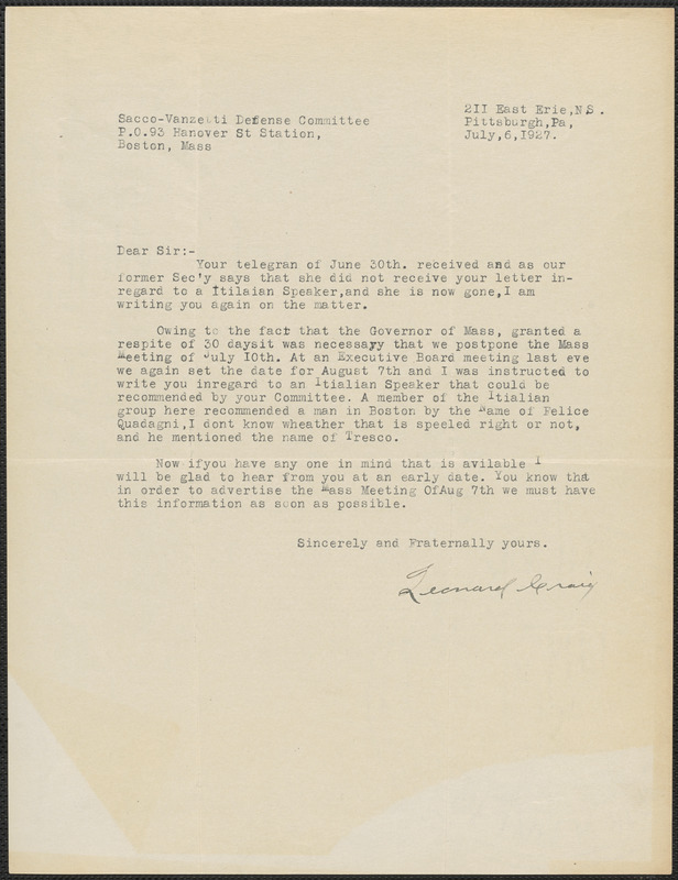 Leonard Craig (SaccoVanzetti Defense Committee of Western Pennsylvania