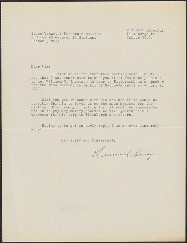 Leonard Craig (SaccoVanzetti Defense Committee of Western Pennsylvania