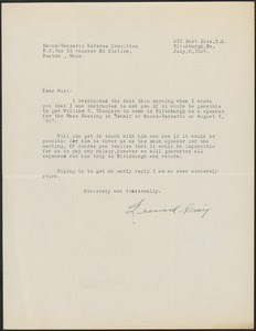 Leonard Craig (Sacco-Vanzetti Defense Committee of Western Pennsylvania) typed letter signed to Sacco-Vanzetti Defense Committee, Pittsburgh, Pa., July 6, 1927